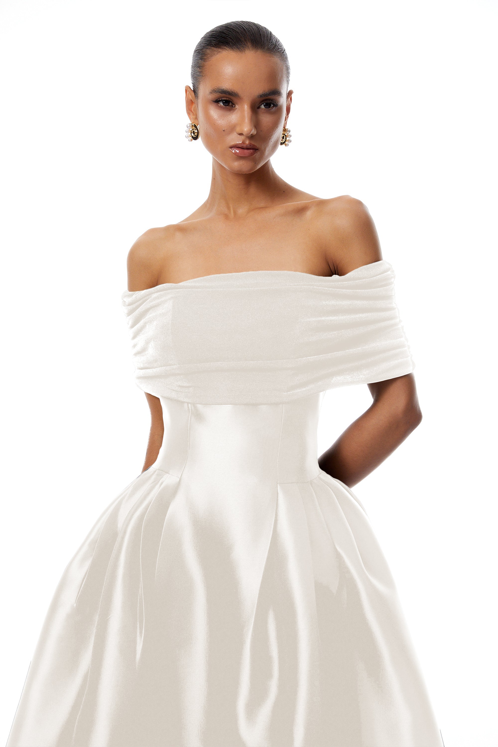 Off-the-Shoulder Satin White Midi Dress