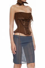 Wrap Lace-Up Back Brown Corset Top