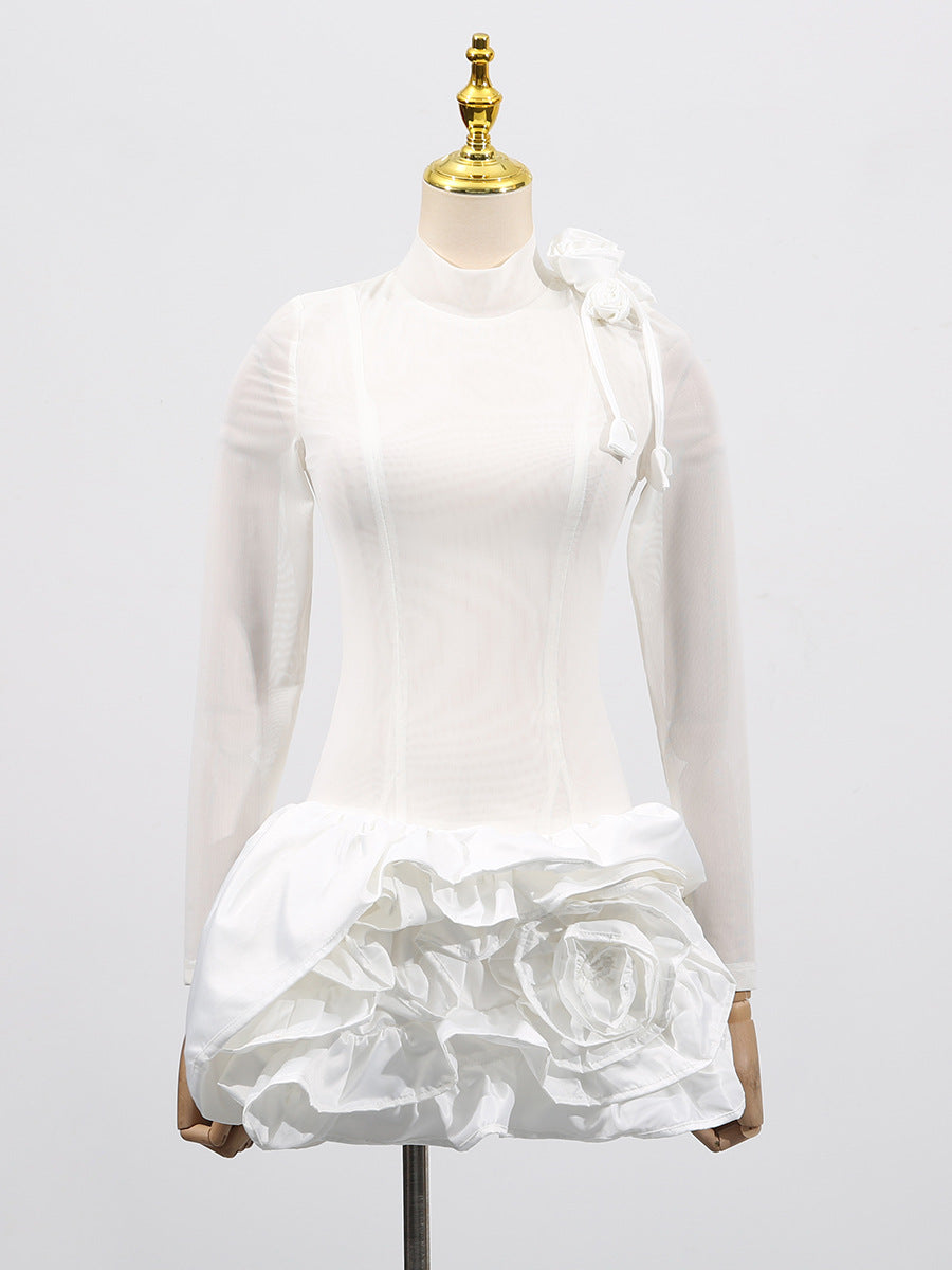 3D Flower Hem Mesh Mini Dress in White