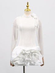 3D Flower Hem Mesh Mini Dress in White