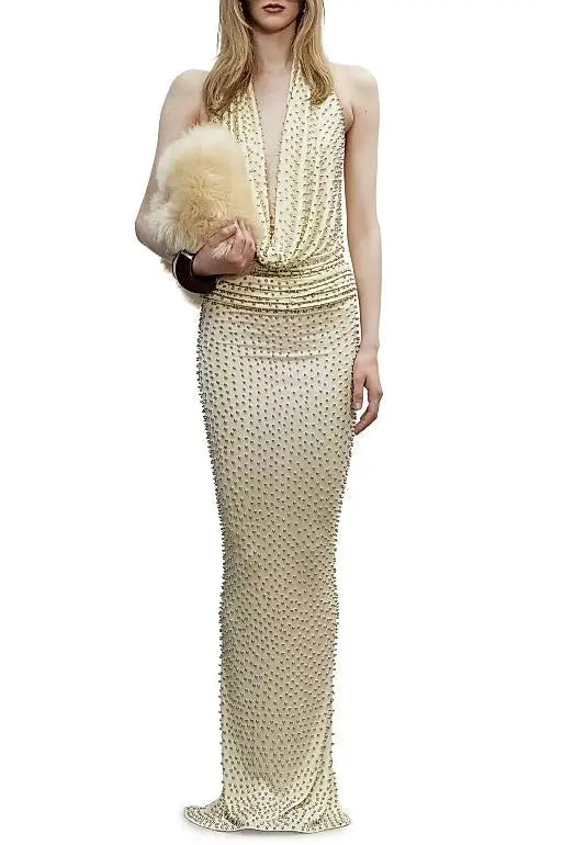 Stephanie Beading Embellished Halter Backless Maxi Dress in Butter