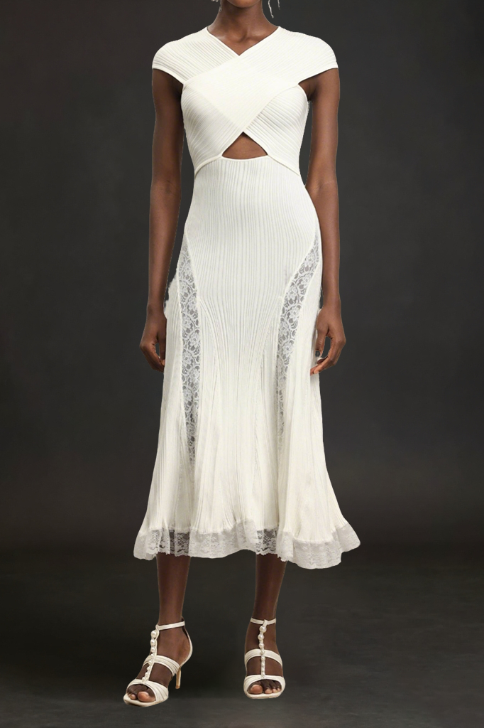 Sleeveless Lace Hollow Out Bandage Midi Dress