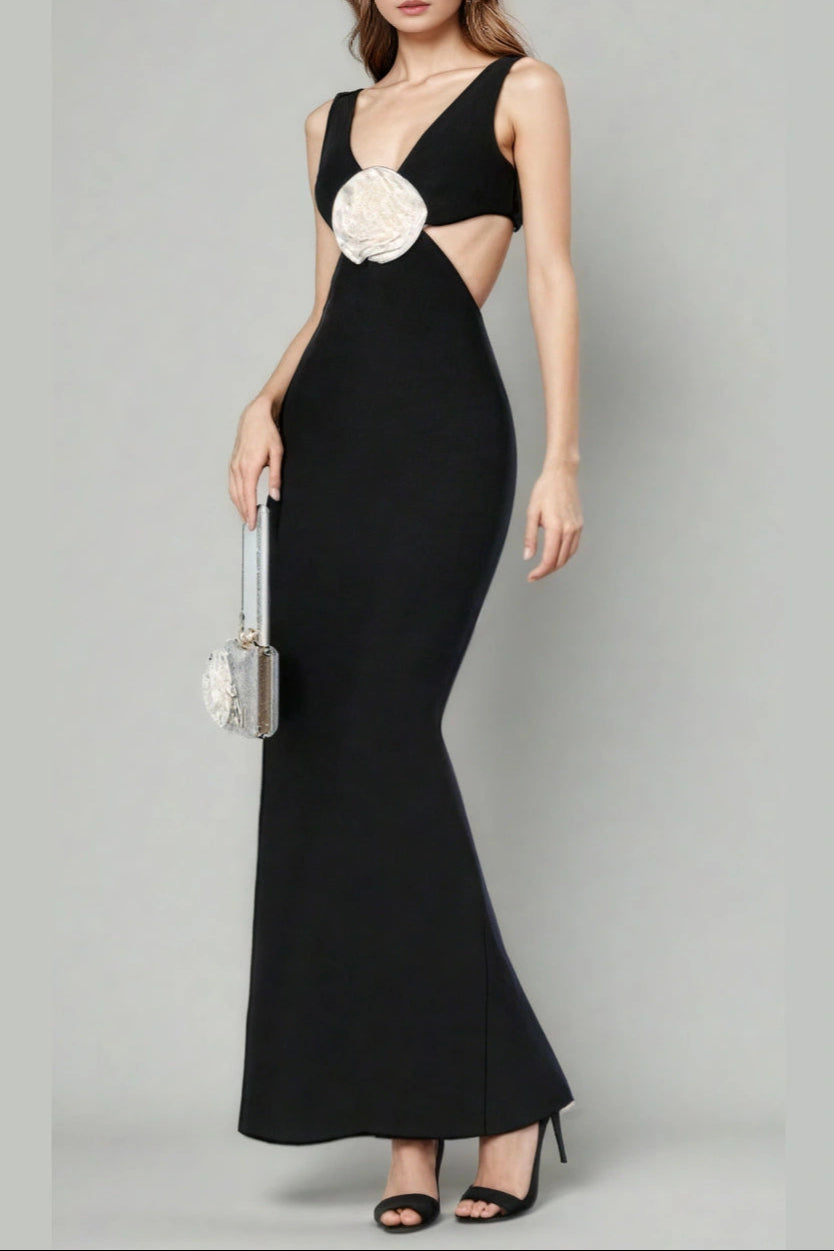 Flower V-Neck Hollow Out Maxi Dress in Black