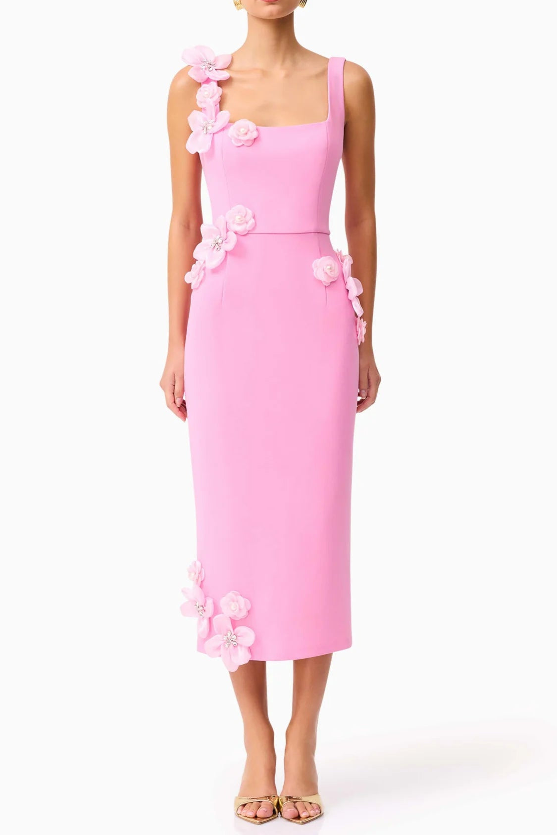 3D Flower Midi Dress in Pink