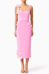 3D Flower Midi Dress in Pink