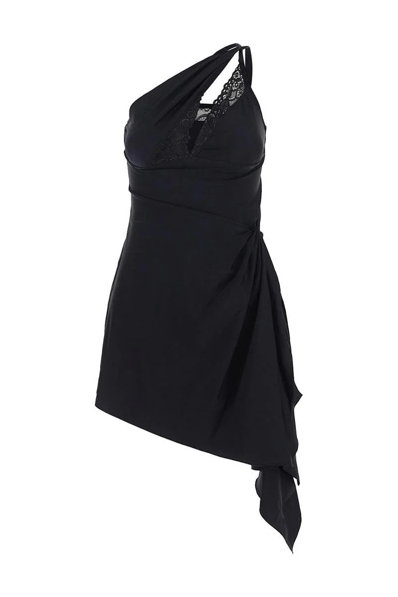One-Shoulder Lace Hollow Mini Dress in Black