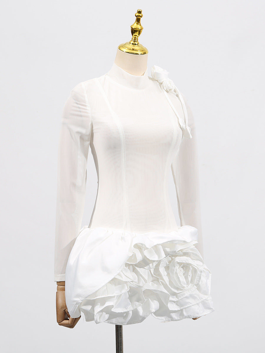 3D Flower Hem Mesh Mini Dress in White