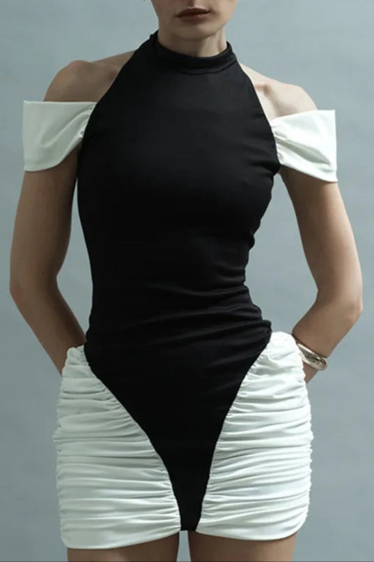 Black-White Sleeveless Halter Mini Dress