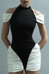 Black-White Sleeveless Halter Mini Dress