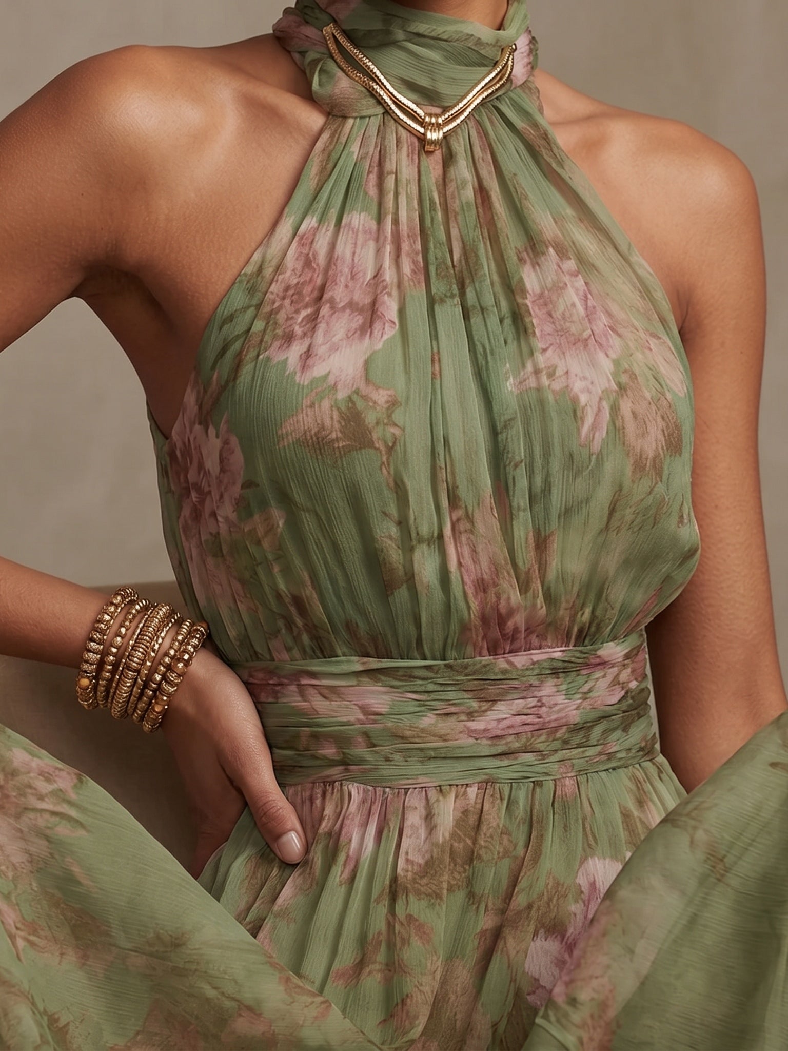 Green Floral Halter Maxi Dress