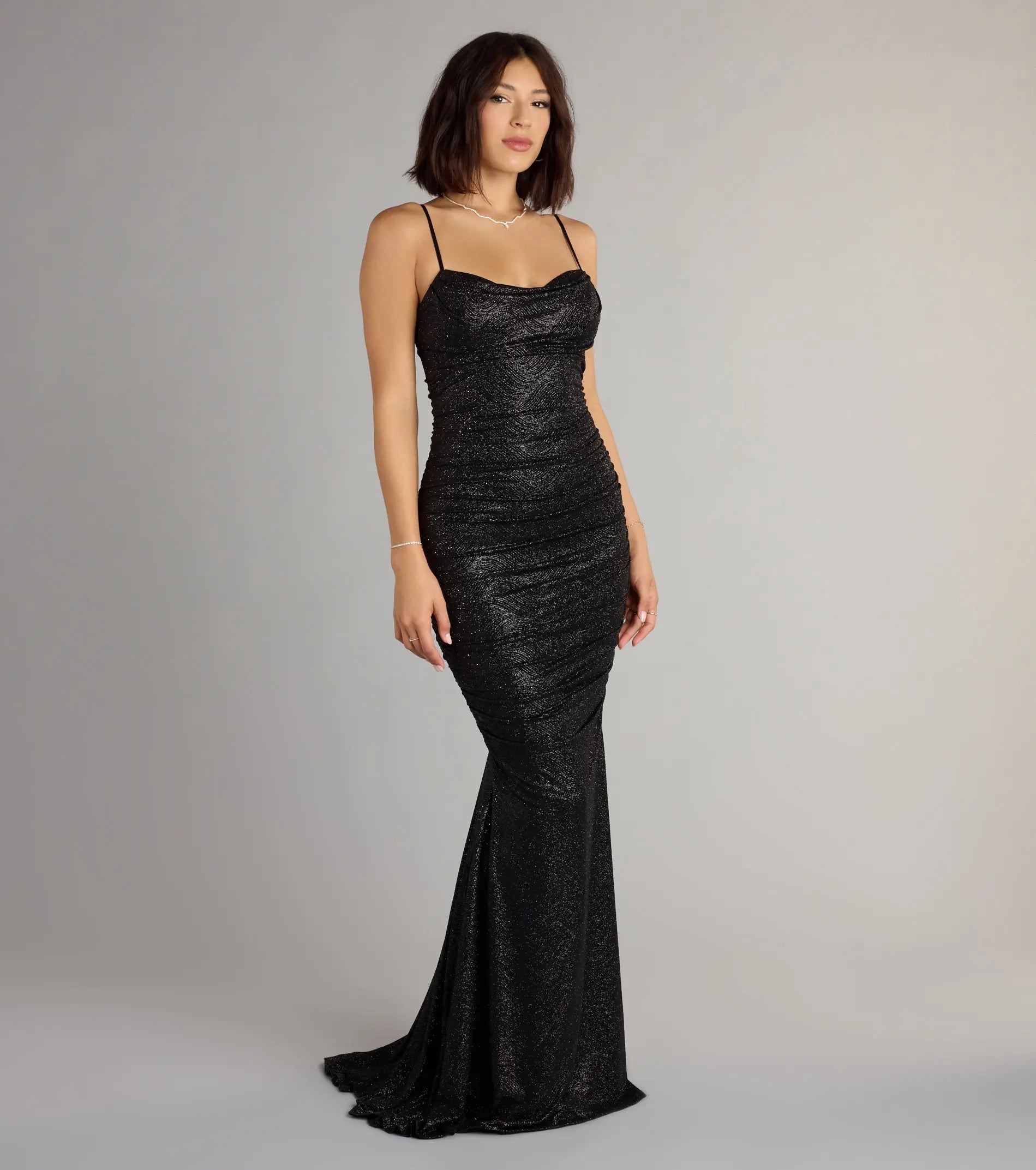 Ruched Sequin Maxi Dress in Black