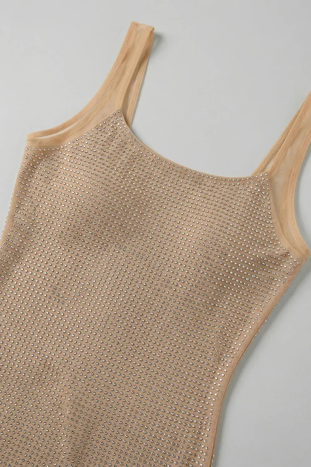 Square Crystal-Embellished Mesh Mini Dress in Apricot