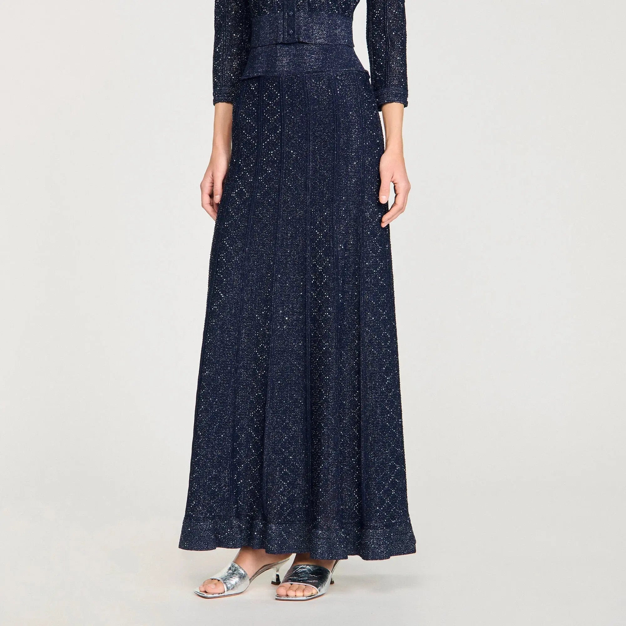 Rhinestone Knit Maxi Skirt in Navy Blue