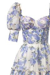 Print Voluminous Sleeves Maxi Dress in Blue