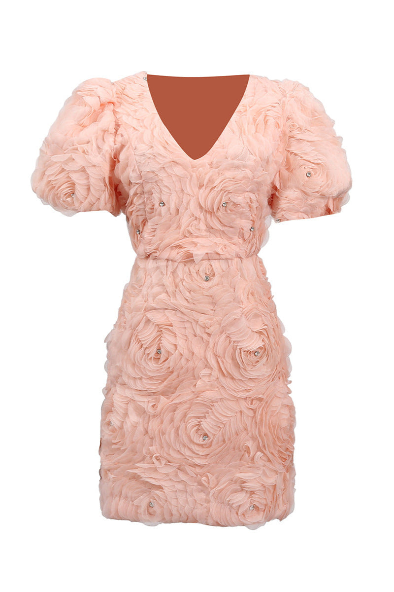 V-Neck Flower Embellished Puff Mini Dress in Ballet Pink