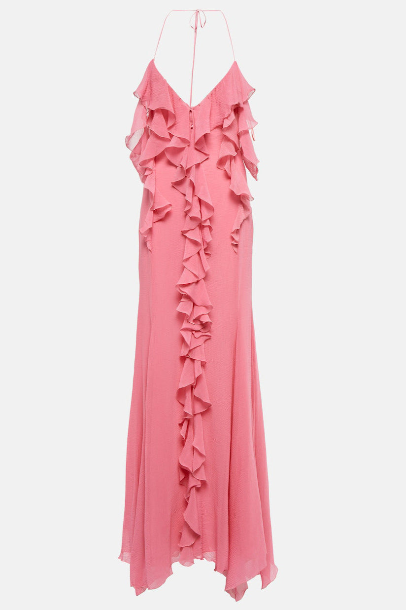 Pink Ruffle Cotton and Silk Maxi Dress