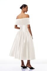 Off-the-Shoulder Satin White Midi Dress
