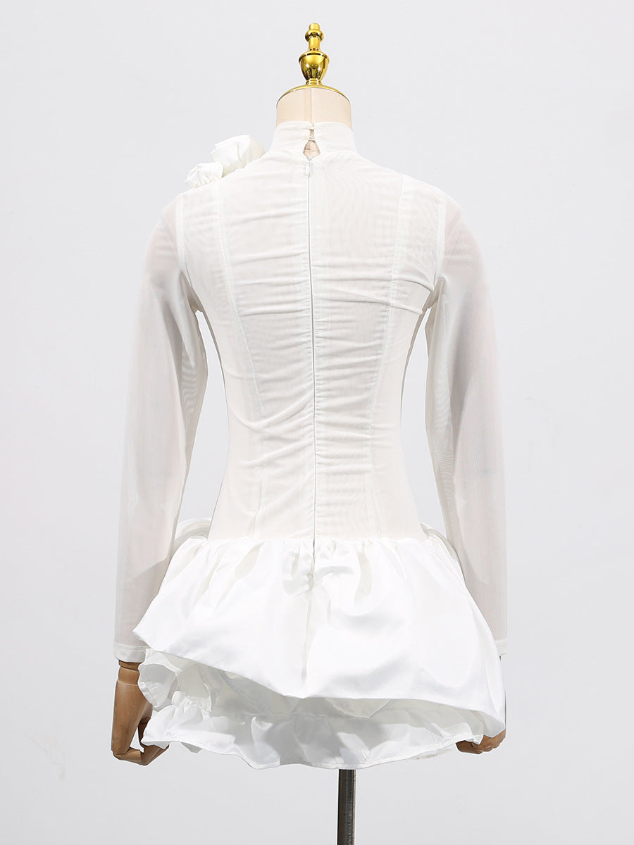 3D Flower Hem Mesh Mini Dress in White
