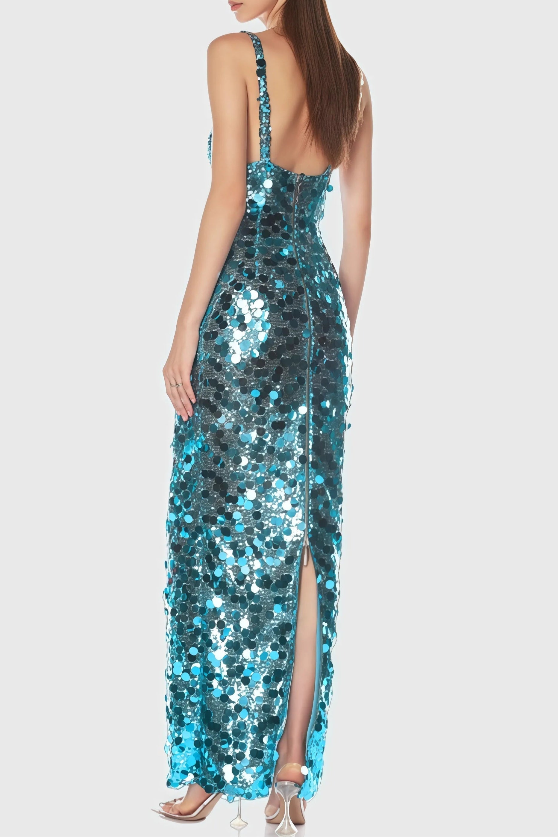Sequin Deep V Maxi Dress in Blue