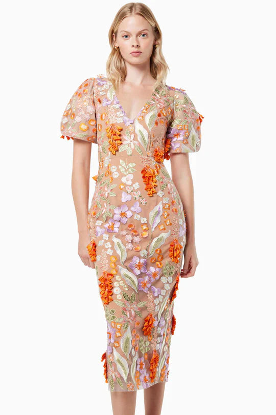 Mesh Embroidered 3D Flower V-neck Puff Sleeves Midi Dress in Orange