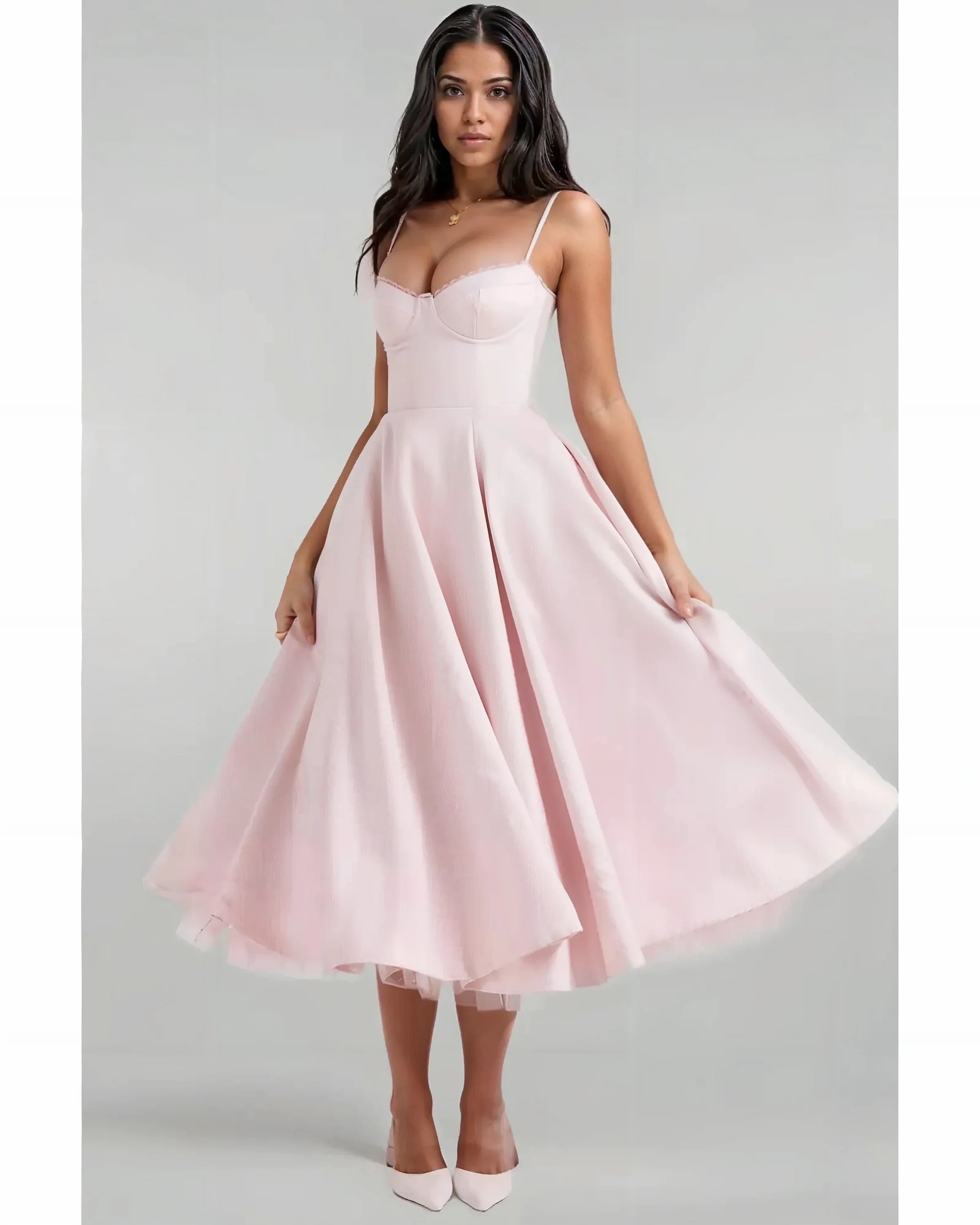 Satin Corset Layered A-Line Midi Dress - Baby Pink