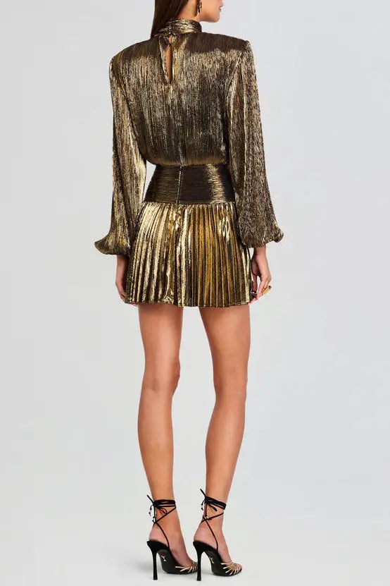 High-Necked Lantern Sleeve Mini Dress in Gold