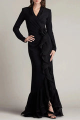 Black Ruffled High Knit Midi Dress