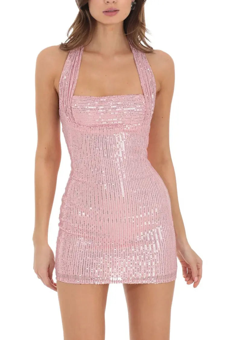 Sequin Halter Backless Mini Dress in Pink
