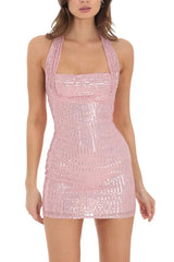 Sequin Halter Backless Mini Dress in Pink