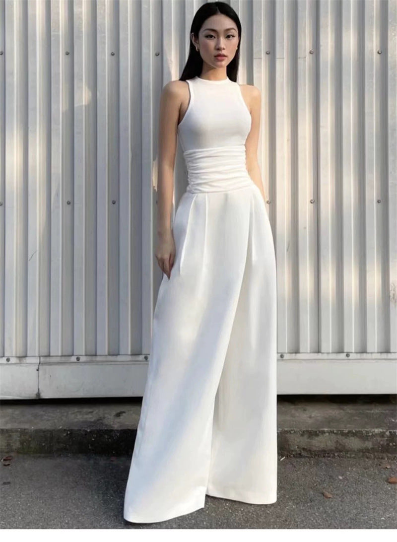 Vest High Waist Wide Leg Long Skirt Suit in White
