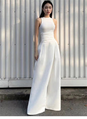 Vest High Waist Wide Leg Long Skirt Suit in White