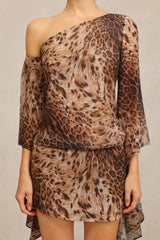Long Sleeves Print Mini Dress in Brown