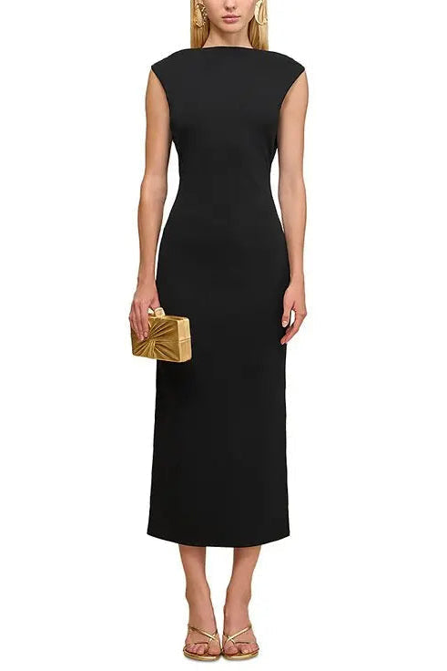 Black Sleeveless Backless Knit Midi Dress with Two Golden Embellishments