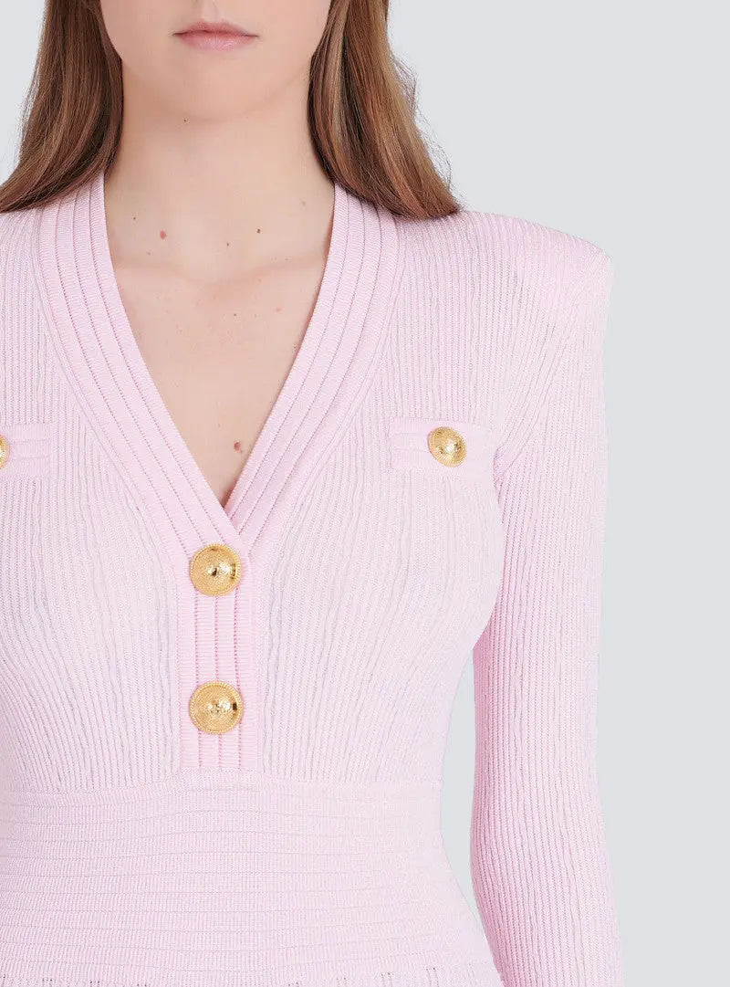 V-Neck Button-Detail Ribbed Mini Dress in Pink