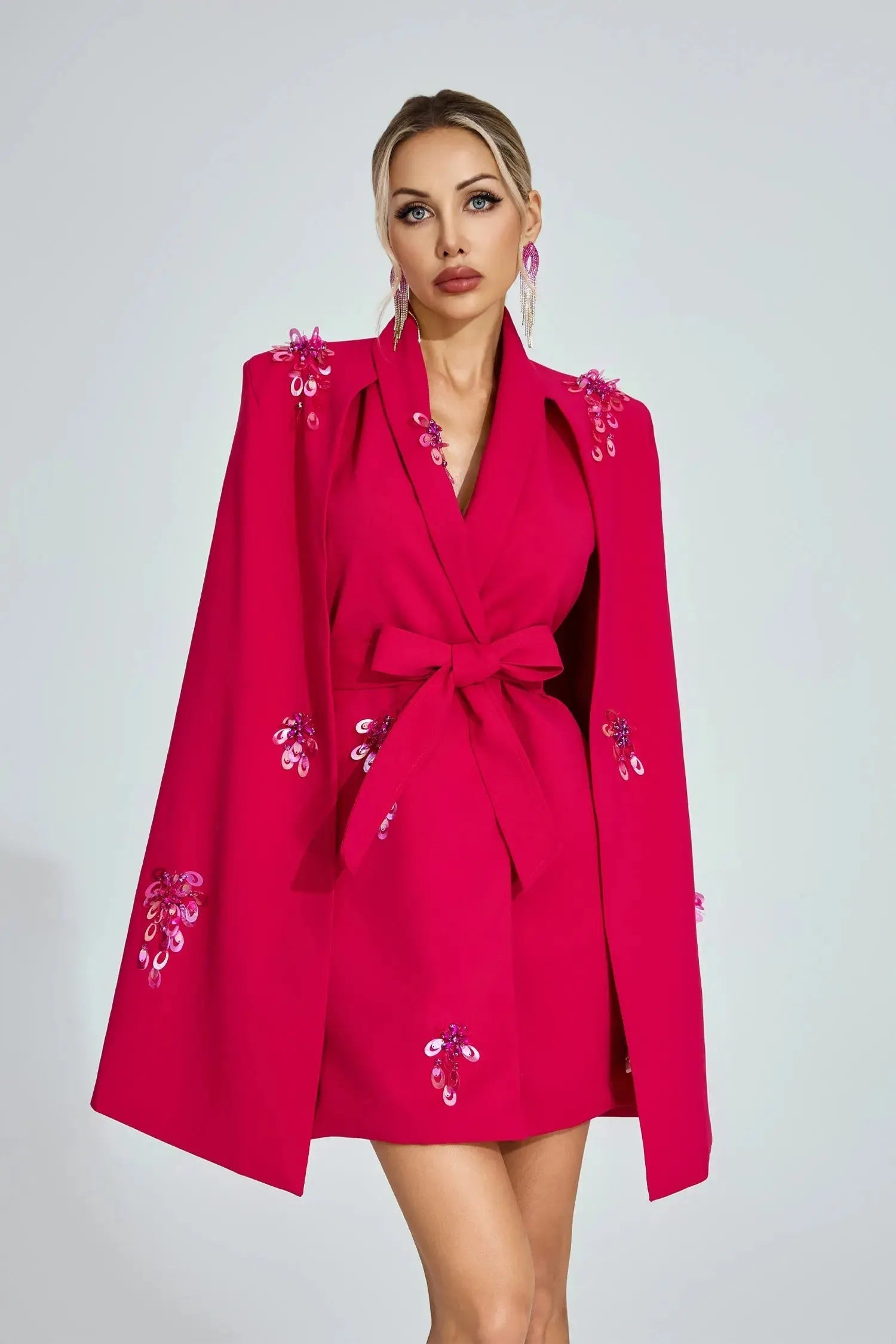Rose Red Cape-Sleeve Blazer Mini Dress
