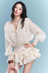 Embroidered Floral V-neck Ruffle Mini Dress in Apricot