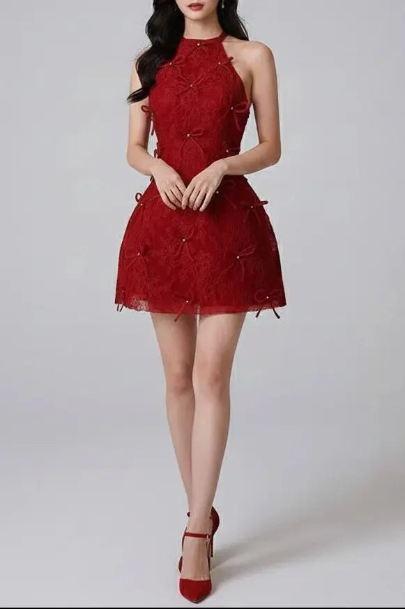 Lace Backless Halter Mini Dress in Red