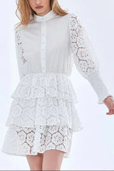 Long Sleeves Layered Lace Mini Dress in white