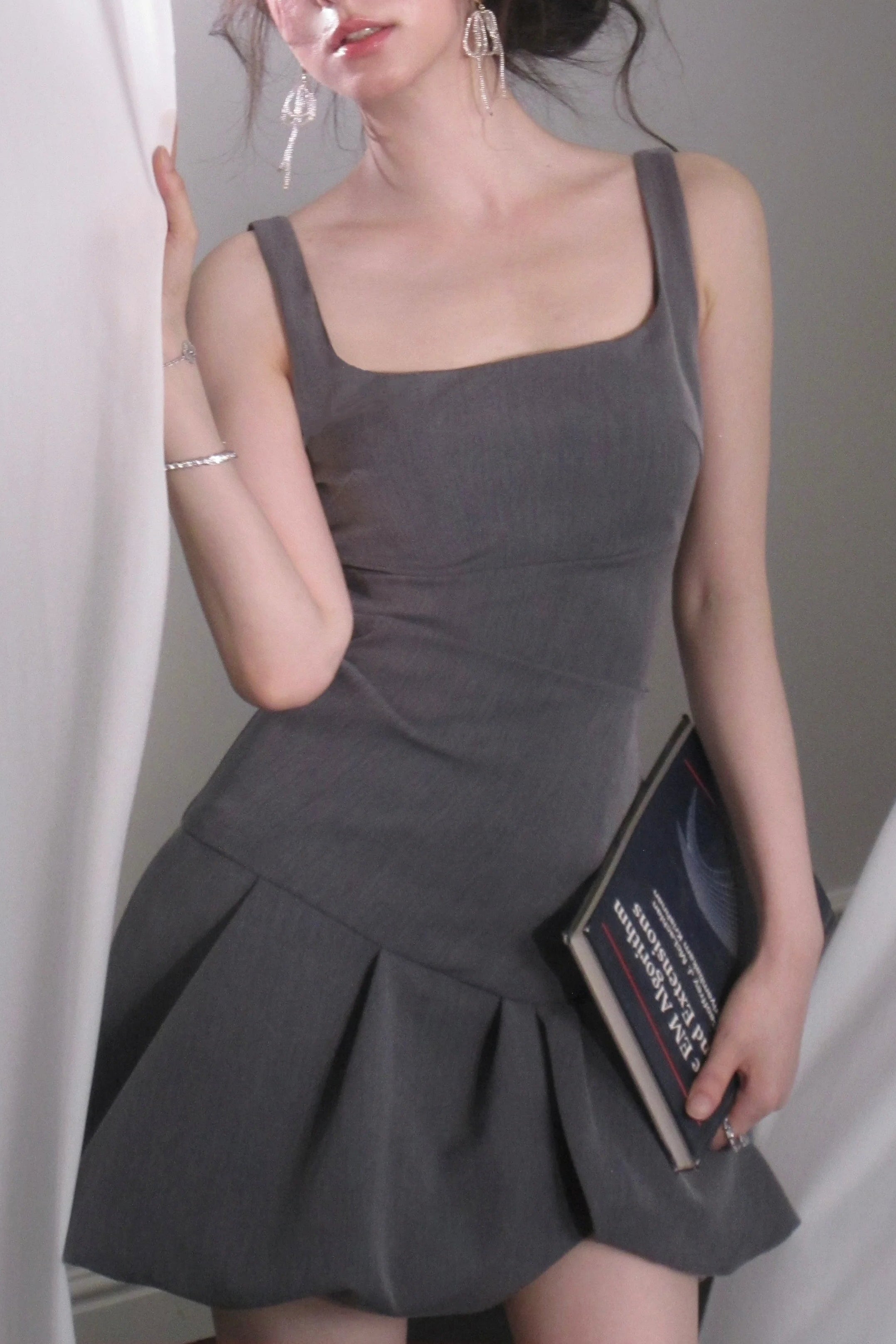 Square Neck Bud Mini Dress in Gray