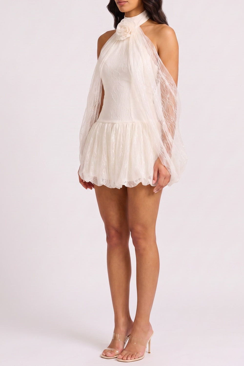 Halter 3D Floral Sheer Lace Bell Sleeve Mini Dress