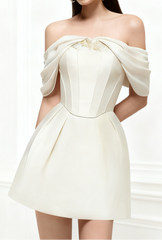 Embroidery A-line Off-Shoulder Polyester Mini Dress in Beige