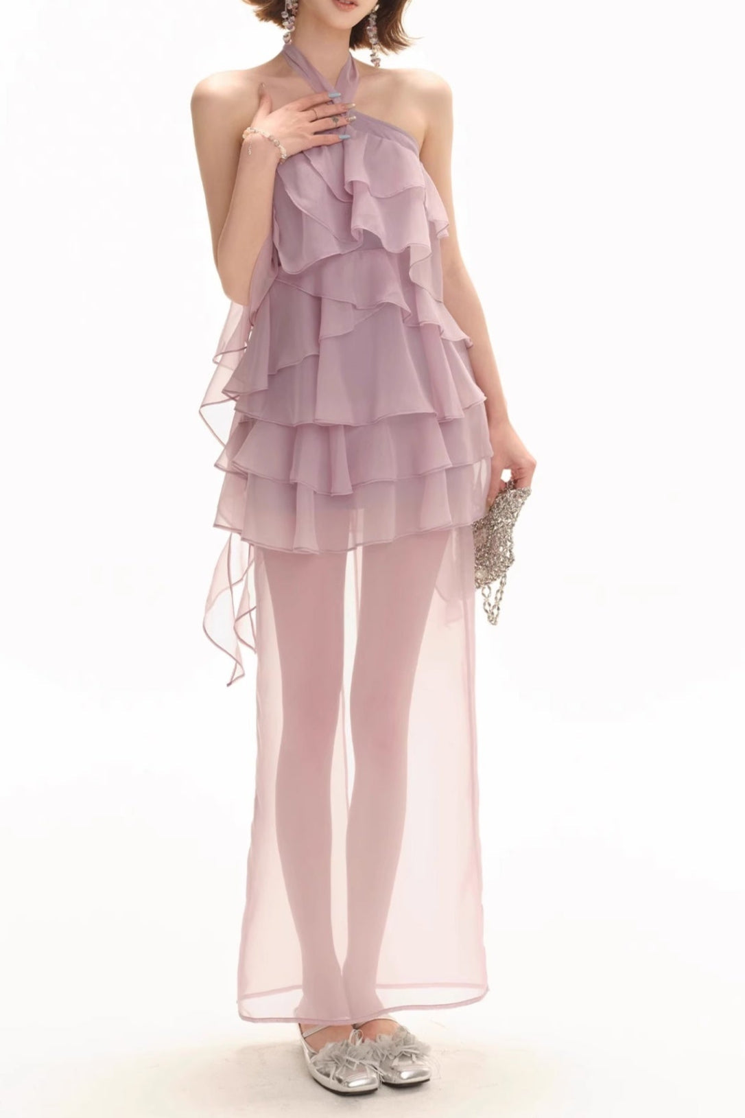 Backless Multi-Ruffle Maxi Dress in Lilac