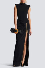 Black Sleeveless Zipper High Elastic Jersey Maxi Dress
