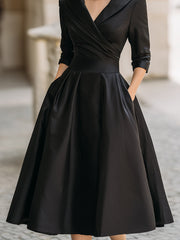 Vintage-Inspired Satin Midi Dress With Collar