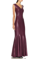 V-Neck Sleeveless Leather Maxi Dress in Burgundy