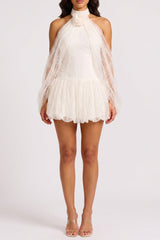Halter 3D Floral Sheer Lace Bell Sleeve Mini Dress