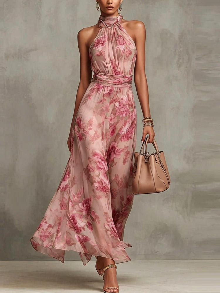 Green Floral Halter Maxi Dress