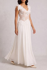 Off Shoulder 3D Floral Lace Corset Maxi Dress