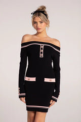 Off-shoulder Knit Mini Dress in Black