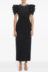 Crystal-Embellished Crepe Bodycon Gown in Black
